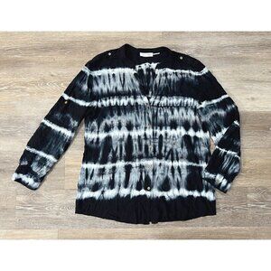 Calvin Klein Sz L Button Up Tie Dye Tunic Shirt Top Blouse Black Contrast Womens